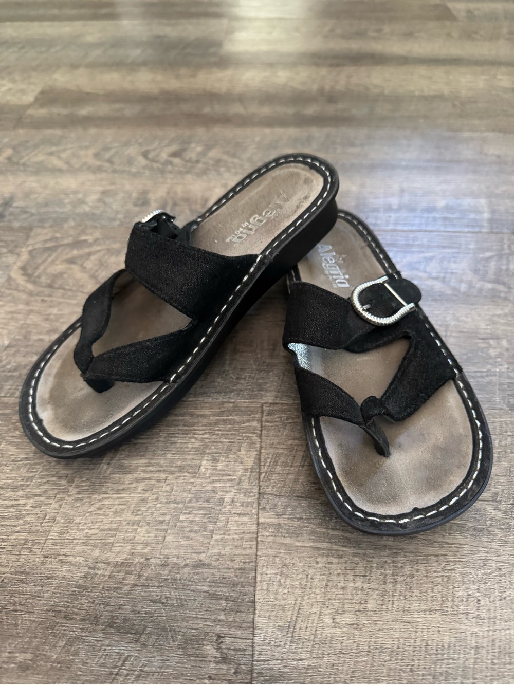 Alegria Black Suede Thong Sandals with Buckle